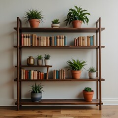 A wide, dark wooden bookshelf is generously filled with a diverse collection of books and an abundance of potted plants. The plants vary in size and type, adding significant life and color to the shel