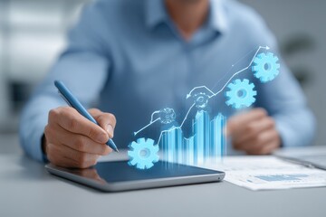 Businessman using tablet with growth chart overlay