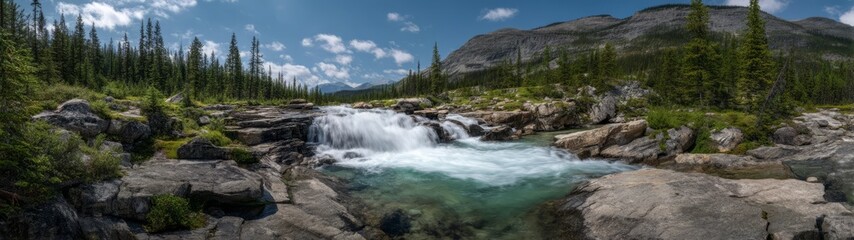 Fototapeta premium 360 degrees panoramic view of nature's waterfall at mountain river in hdr environment