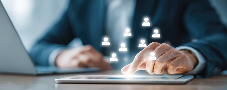 Businessperson interacts with digital people icons on a tablet