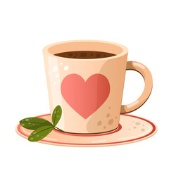 Vector illustration of a hot drink. Invigorating tea, coffee. Flat light mug with a heart on a white background.