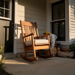 A classic wooden rocking chair with a light-colored cushion is positioned on a residential front porch. The porch features light-colored siding and a column, suggesting a traditional home. In the back