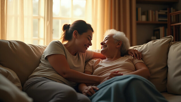 Middle-aged woman comforting elderly mother on couch in softly lit living room showing family love care and emotional support in warm cozy home environment