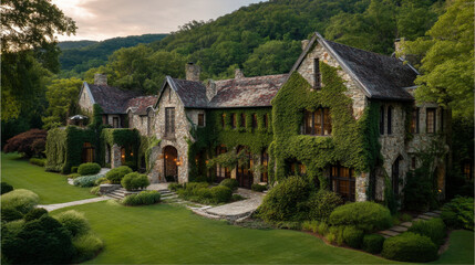 Obraz premium Ivy-covered stone manor nestled in lush green rolling hills on a sunny day