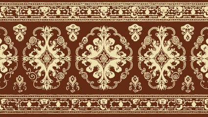 Filipino folk art yakan cloth seam vector, Traditional textile pattern with intricate geometric design featuring brown, blue and tan colors creating a seamless border
