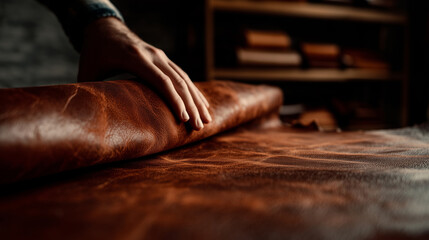 Closeup of hand touching textured brown leather roll in workshop with shelves in background, concept for craftsmanship and quality materials in artisanal leather working