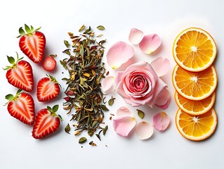 A vibrant flat lay composition featuring halved strawberries loose tea leaves delicate pink rose petals and bright orange slices arranged on a clean white background