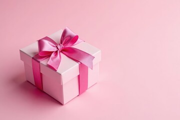 Fototapeta premium Pink heart-shaped gift box with ribbon, white card Light pink backdrop Valentine's, Mother's Day , copy space, affection