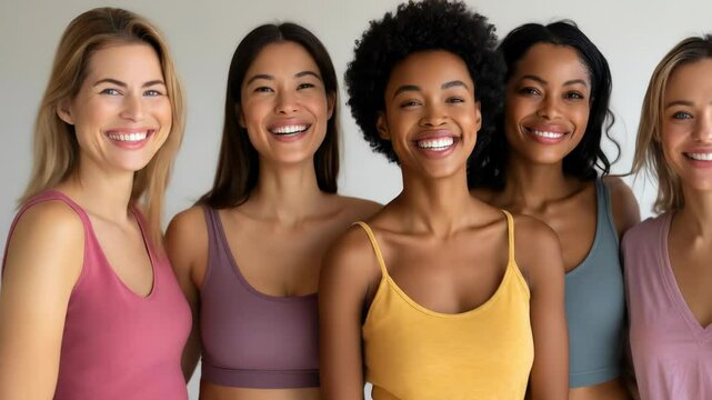 Radiant and diverse group of women smiling confidently at the camera, promoting health and beauty through their joyful expressions.