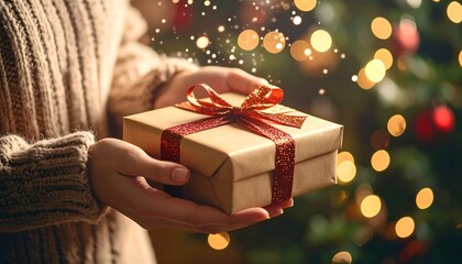 Hands hold a gift box, festive lights bokeh