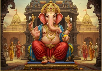 Hindu God Ganesha Statue with Temple Backdrop, Indian Deity Illustration, Hinduism, Religion, Culture