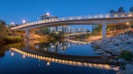 Concrete pedestrian bridge over urban river at dusk with glowing evening lights