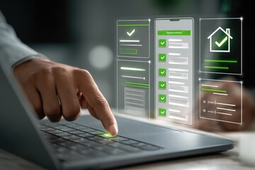 Hand on laptop interacting with digital checklist overlays