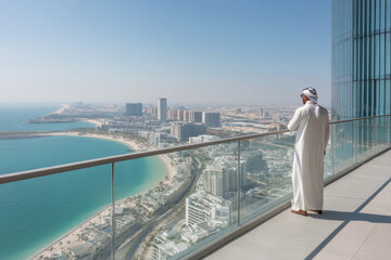 Fototapeta na wymiar Businessman and agent viewing luxury penthouse with panoramic dubai city skyline