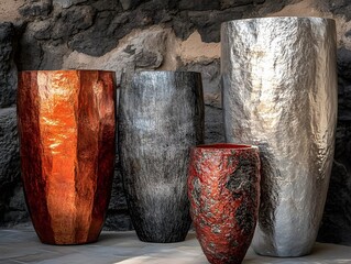 Elegant Decorative Planters Set,  Modern Rustic Stone Texture Vases