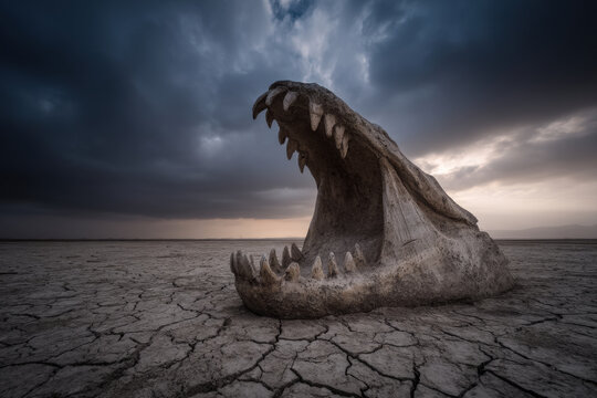 Giant tooth emerging from cracked earth under dramatic lighting symbolizing strength