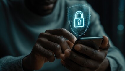 Person using a phone, security shield graphic overlay