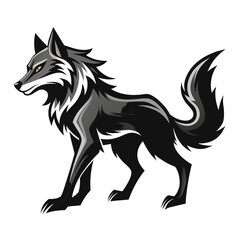 Obraz premium Stylized black wolf with yellow eyes standing profile view on white background