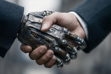 Human and robotic hands shaking hands in business attire symbolizing partnership