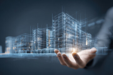 3d architectural visualization displayed on a computer screen in a modern office