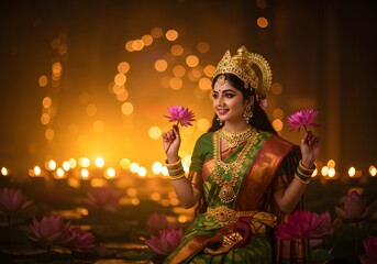 Indian Goddess Lakshmi Holding Lotus Flowers, Gold Jewelry, Diwali, Divine Feminine.