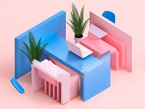 Colorful, abstract isometric office scene with vibrant colors and geometric shapes. - Powered by Adobe