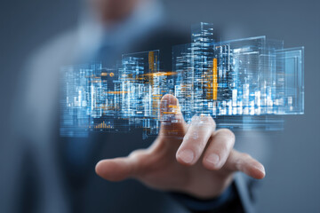 Businessman?s hand interacting with futuristic holographic global real estate interface