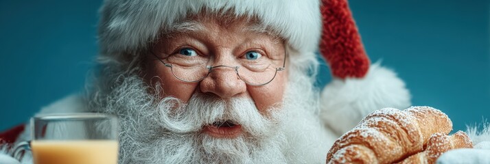 Cheerful Santa enjoys a festive breakfast with croissants and orange juice during the holiday season