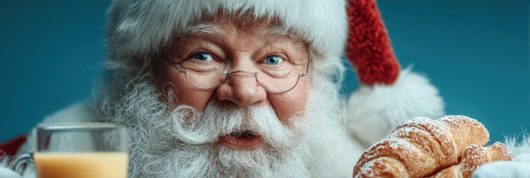 Cheerful Santa enjoys a festive breakfast with croissants and orange juice during the holiday season