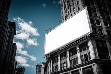 Obraz premium Blank billboard on urban building facade viewed from below with strong perspective