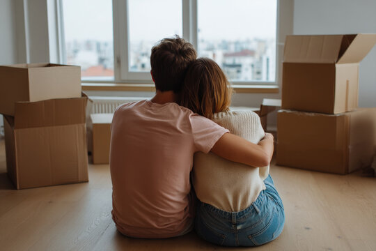 Young couple embracing on floor of empty apartment surrounded by moving boxes