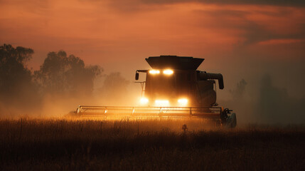 Fototapeta premium Combine harvester working in a field at dusk with hazy sunset glow