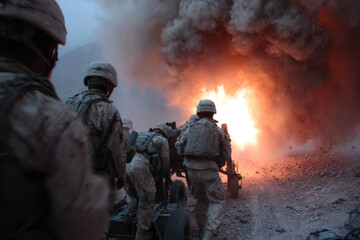 Military artillery team loading shells amid smoke and bright muzzle flash in action