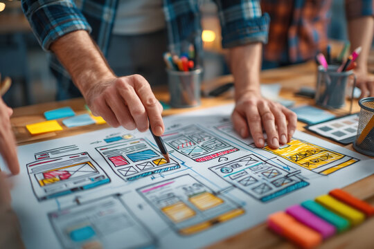 Overhead view of a creative team collaborating on tablet ui mockups in a modern workspace