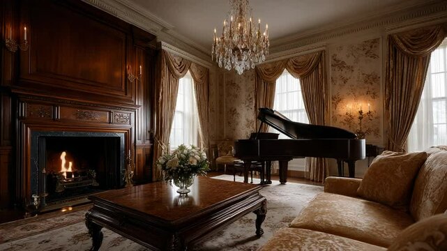 Luxurious living area features a grand piano, ornate chandelier, and elegant furnishings. Soft light streams through large windows, enhancing the upscale ambiance of the historic space