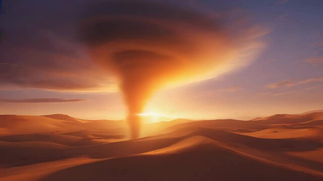 A desert landscape with a dust devil and a sunset in the background at golden hour light. Fiery tornado in desert at sunset. Twister forms over desert dunes. Intense sandstorm at golden hour