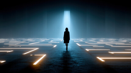 Person walking through a glowing futuristic maze of question marks and arrows