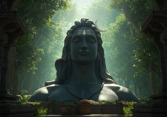 Majestic Statue of Lord Shiva in Lush Forest with Ancient Ruins.