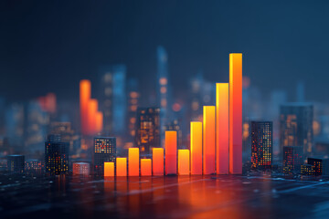 3d bar chart showing real estate market growth with modern city skyline background