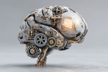 Mechanical brain made of gears, levers, and lightbulbs in detailed macro view