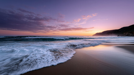 Peaceful Sunset Over Empty Beach with Soft Water Motion
