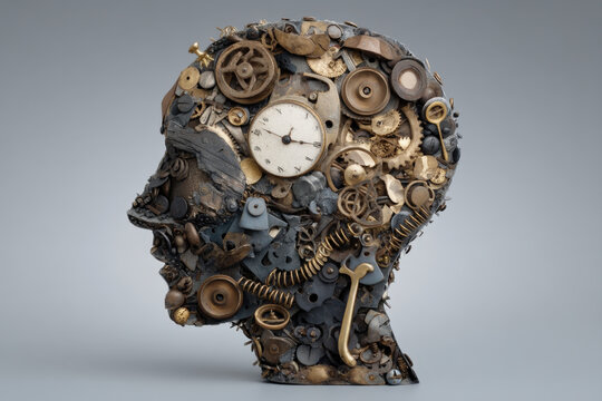 Human head silhouette filled with clock gears and springs symbolizing anxiety and racing thoughts