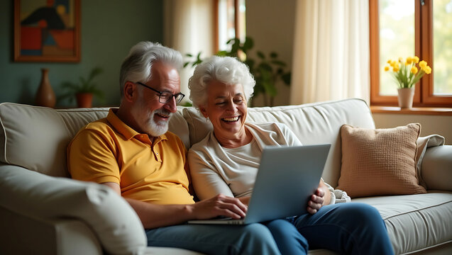 Joyful Hispanic senior couple video calling family on laptop in bright cozy living room smiling and enjoying virtual connection in warm home environment - Powered by Adobe