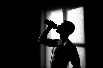 Athlete drinking water in dramatic black and white silhouette at gym window