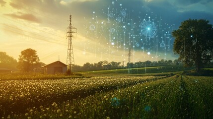 Obraz premium Rural landscape with digital technology overlay