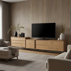 A modern and spacious living room setup is depicted, featuring a large flat-screen television mounted above a light wooden media console. The console has multiple drawers and compartments, offering am