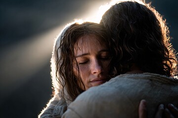 woman with head covered embracing jesus christ in glowing sunlight with peaceful expression