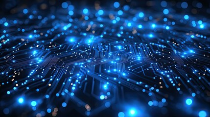 Obraz premium Blue Circuit Board Background with Electronic Lines and Tech Network Grid for Digital Technology Design Themes