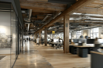 Walking through a bright modern office space with wood accents, motion blur Business concept, motion bokeh background