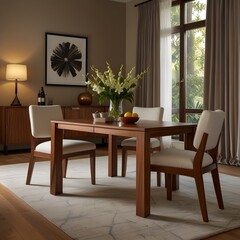 A sophisticated dining room features a dark wooden dining table surrounded by elegant, light-colored upholstered chairs. A tall, slender table lamp with a dark base and a white shade illuminates a dec